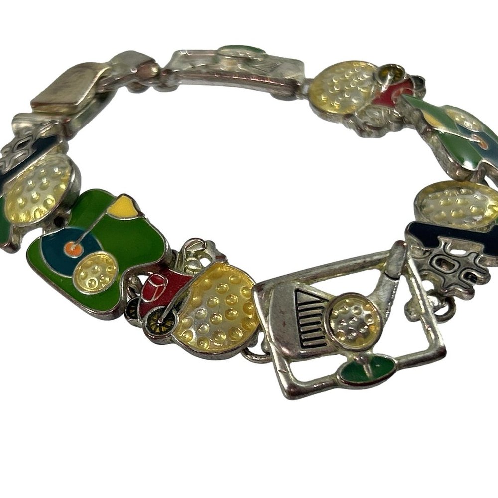 Vintage Silver Tone Enamel Golf Bracelet Bag Club Flag Ball Flaw
